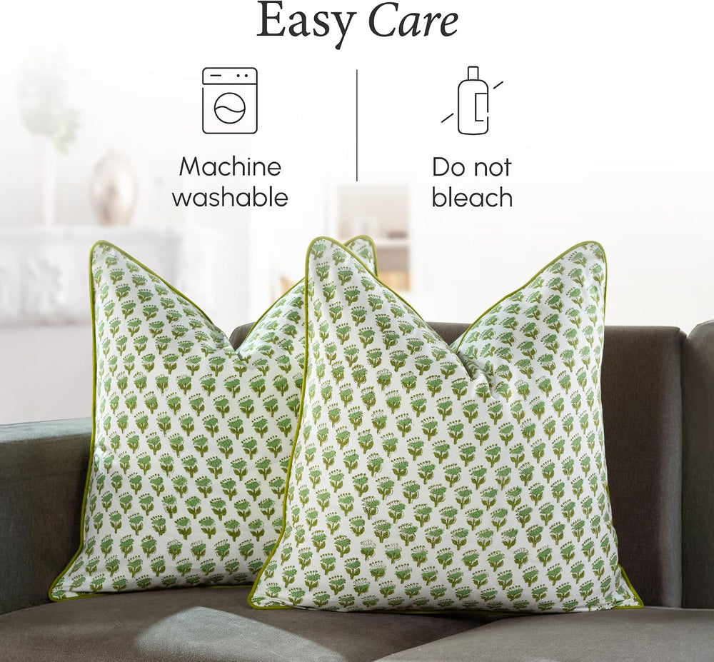 CPC Emerald Green Block Print Throw Pillow Covers 20x20 Inch, Pack of 2