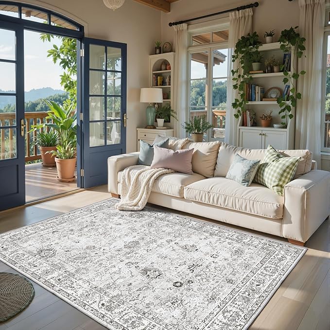 Area Rug 4x6 Grey Rug, Washable Boho Rugs Non Slip Low Pile Floral Small Carpet - Image 6