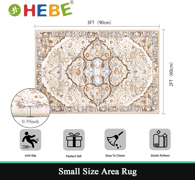 HEBE Washable Area Rug 2'x3' Non Slip Soft Distressed Medallion Bedroom & - Image 2