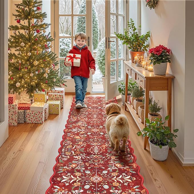 Yamaziot Christmas Runner Rug 2x8 – Red Floral Washable Non-Slip Carpet Runner - Image 7