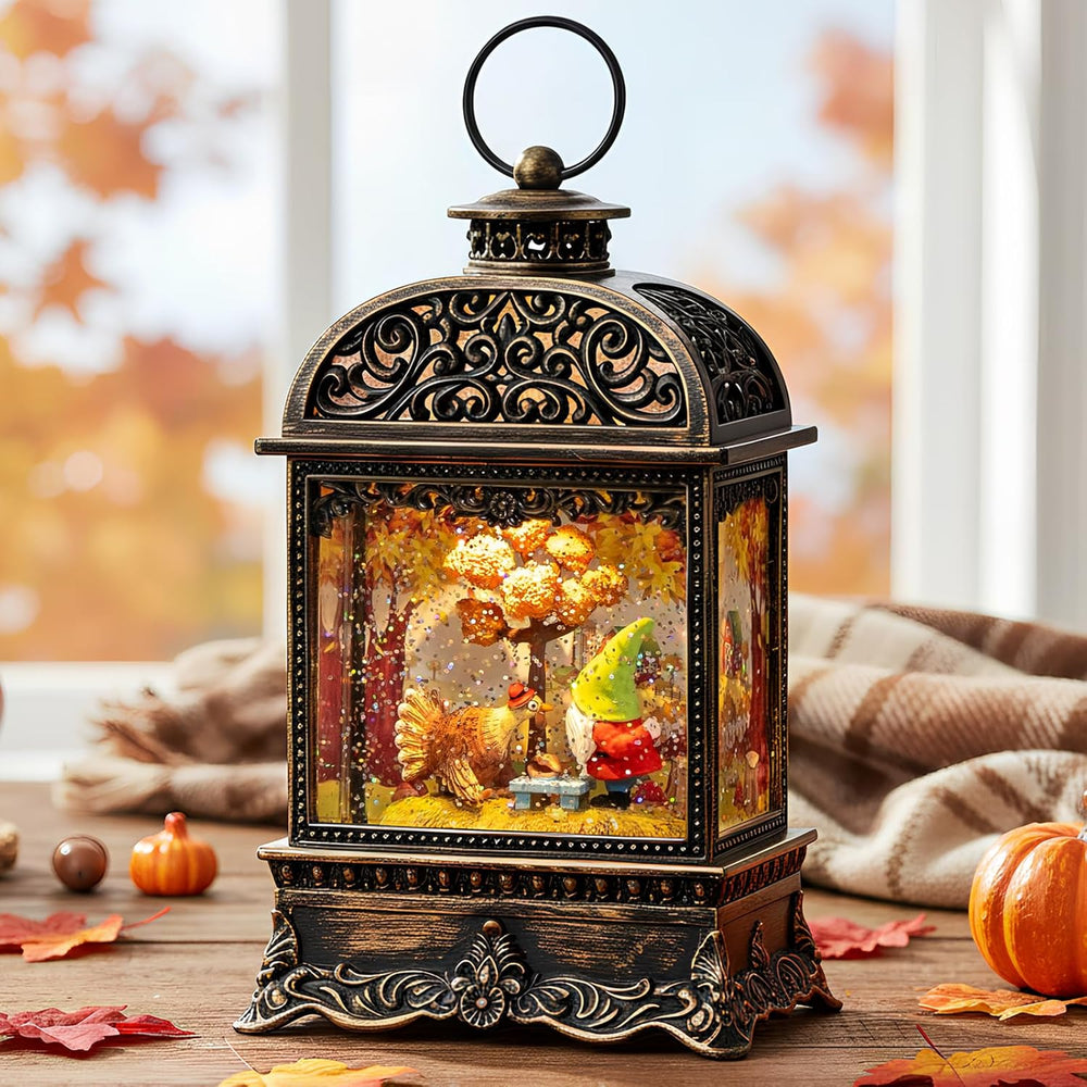 Fall Decor Snow Globe Lantern, Thanksgiving Decoration Swirling Glitter Gnome...