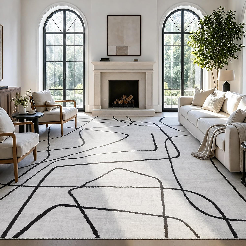 YIHOUSE 9x12 Washable Modern Abstract Black White Area Rug