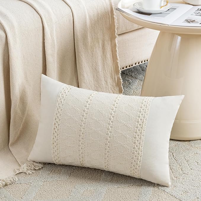 Fancy Homi Set of 1 Boho Cream Lumbar Decorative Throw Pillow Cover 12x20 Inch by Fancy+Homi