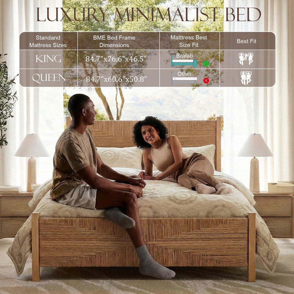 Brafab King Size Rattan Bed Frame, Boho Wicker Headboard, Natural Oak