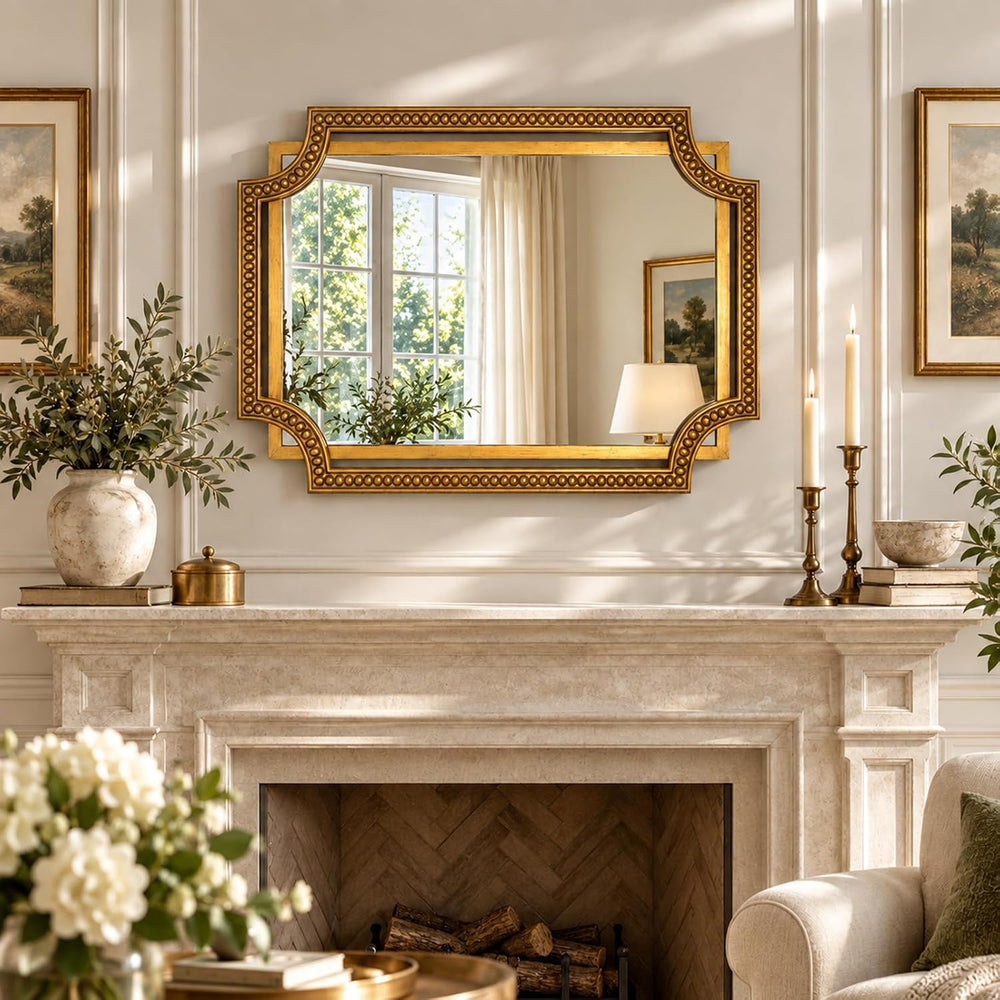 Gold Rectangle Wall Mirror, 36x24 Inch Scalloped Beaded Frame for Bathroom