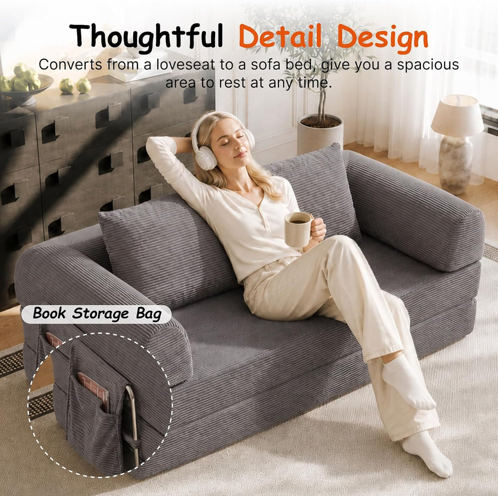 78" Convertible Sofa Bed, Corduroy Pull Out Couch with Fixed Frame &...