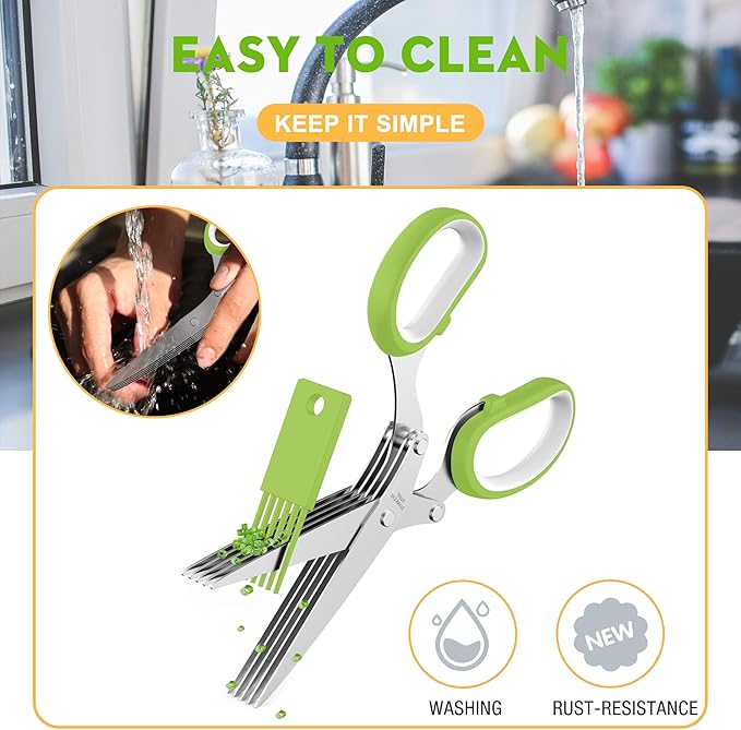 Herb Scissors with 5 Blades and Cover, Kitchen Herb Cutter with Cleaning Comb - Image 5