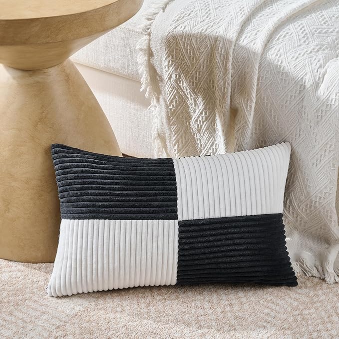 Fancy Homi Set of 2 Black White Lumbar Decorative Throw Pillow Covers 12x20 Inch - Image 2
