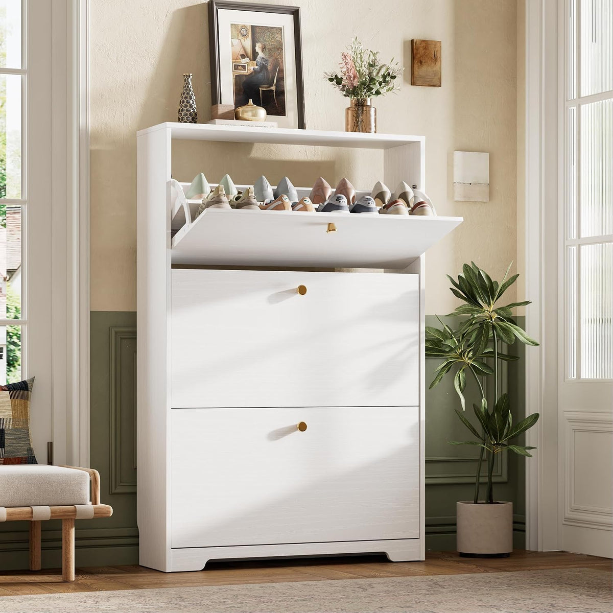Shoe Cabinet with 3 Flip Drawers, Narrow Shoe Organizer Cabinet, Freestanding Shoe Rack Cabinet, Modern Shoe Storage Cabinet for Entryway, Hallway, Foyer, White