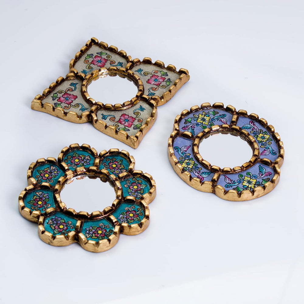 Peruvian Mirror Set 3, Floral Shapes, Turquoise Purple Beige