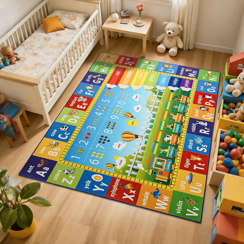 5x7 Kids Rug for Playroom Classroom Bedroom,ABC Rugs | Educational Rug for Learning Alphabet,Numbers,Colors,Season and Animal Words,Non Slip Washable Play Mat for Toddler Decor