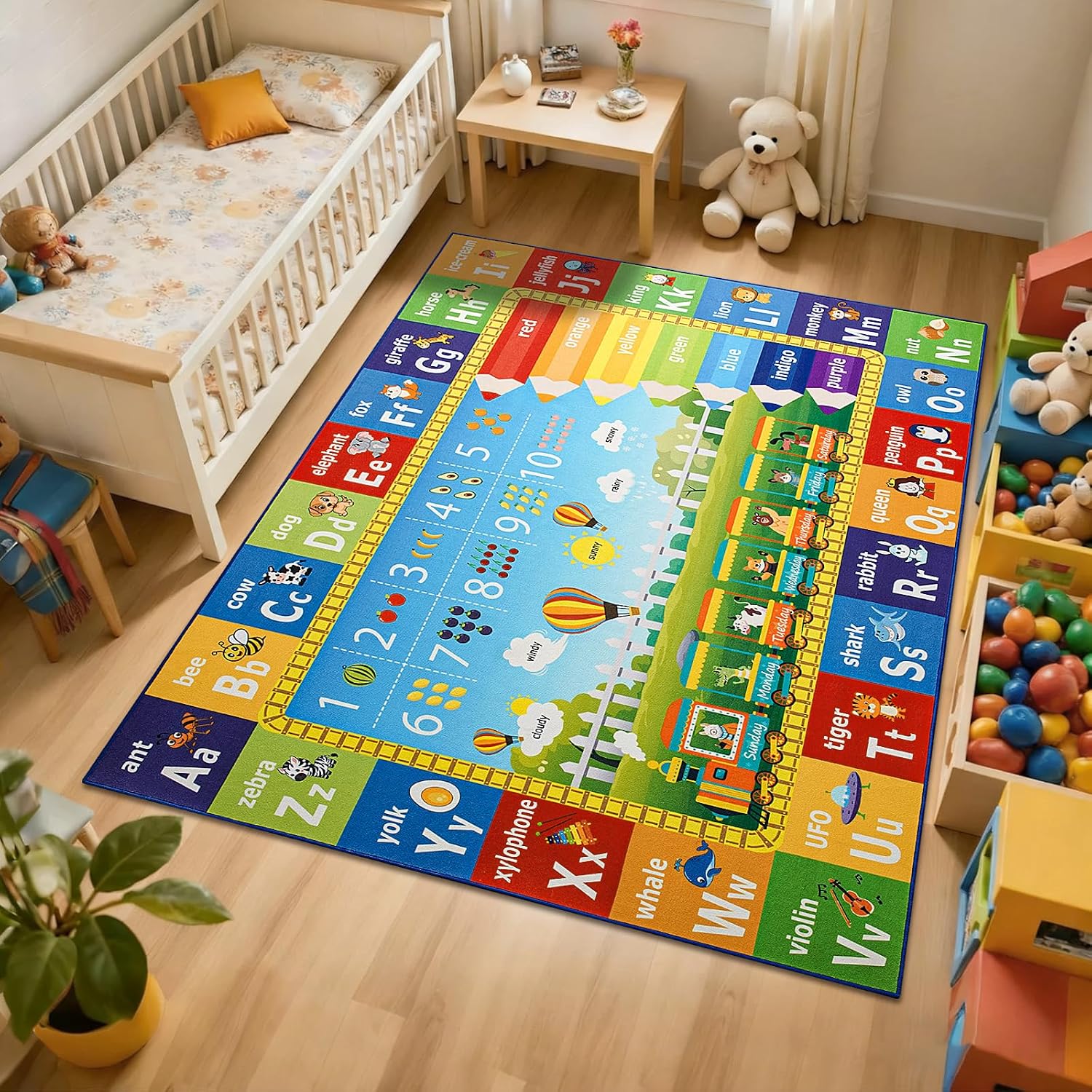 5x7 Kids Rug for Playroom Classroom Bedroom,ABC Rugs | Educational Rug for Learning Alphabet,Numbers,Colors,Season and Animal Words,Non Slip Washable Play Mat for Toddler Decor