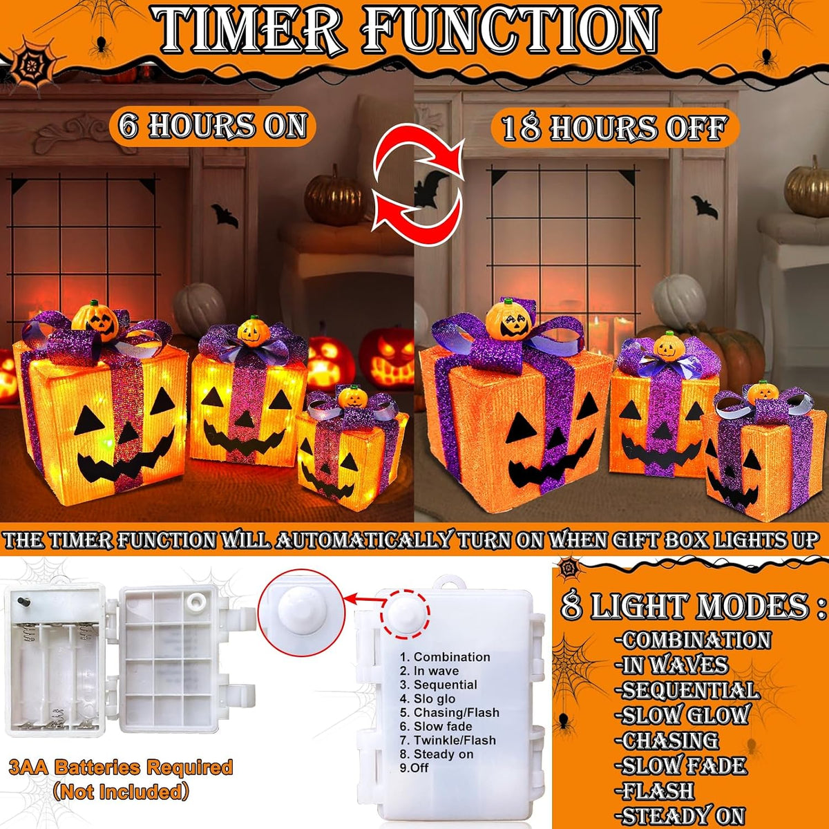[ 8 Modes & Timer ] 3 Pack Halloween Decorations Lighted Pumpkin Gift Box