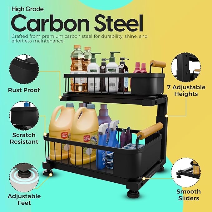 Premium Heavy Duty Carbon Steel Under Sink Organizer, Large 2 Tier Pull Out - Image 6