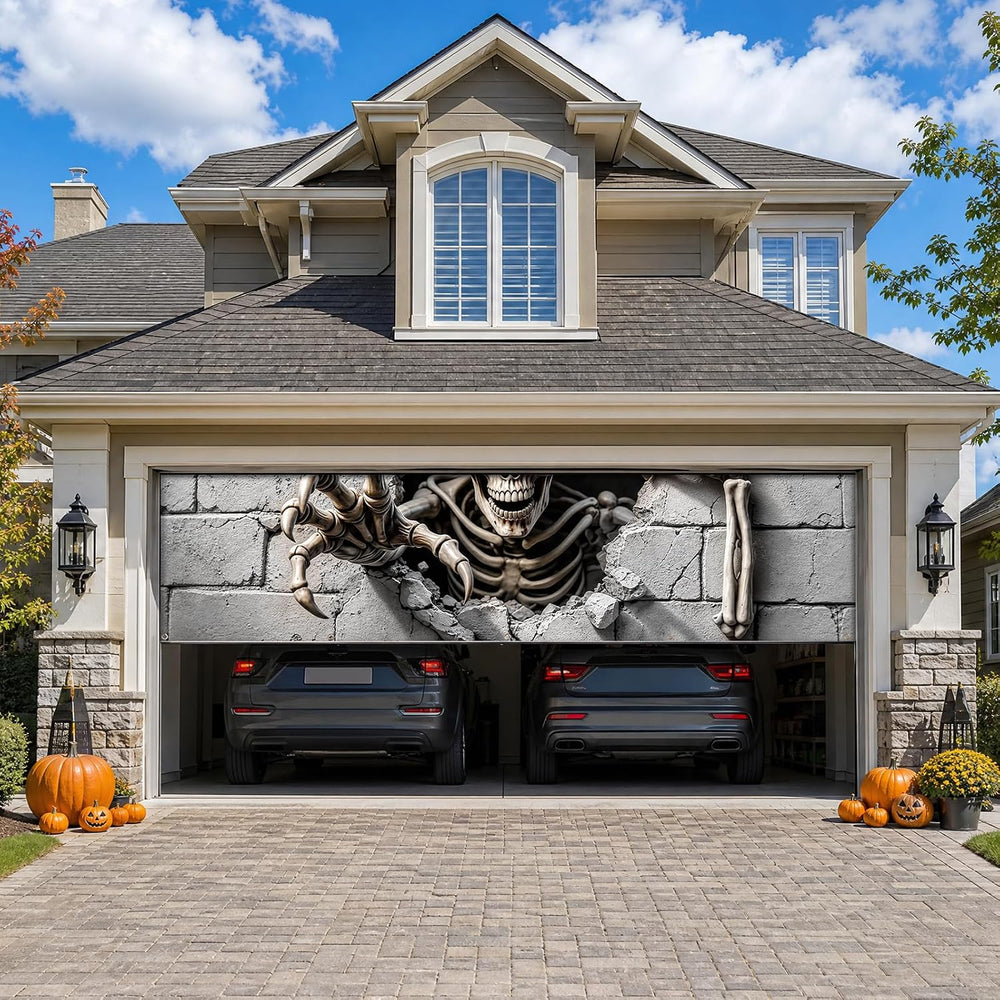 16 x 7 FT Halloween Garage Door Cover,Large 3D Skeleton Halloween Backdrop