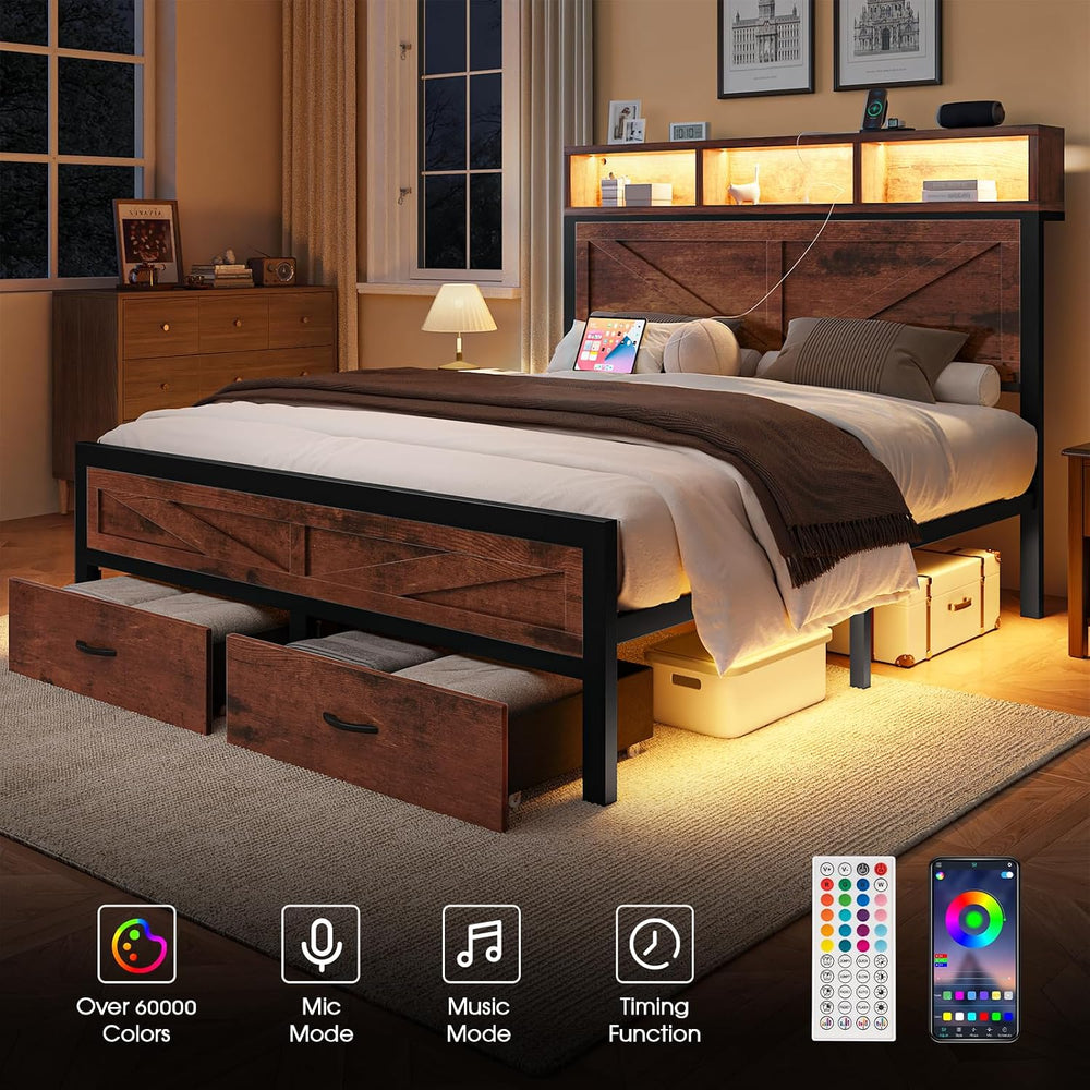 Rustic Full Size Bed Frame with Storage Drawers, Farmhouse LED Full Bed Frame...