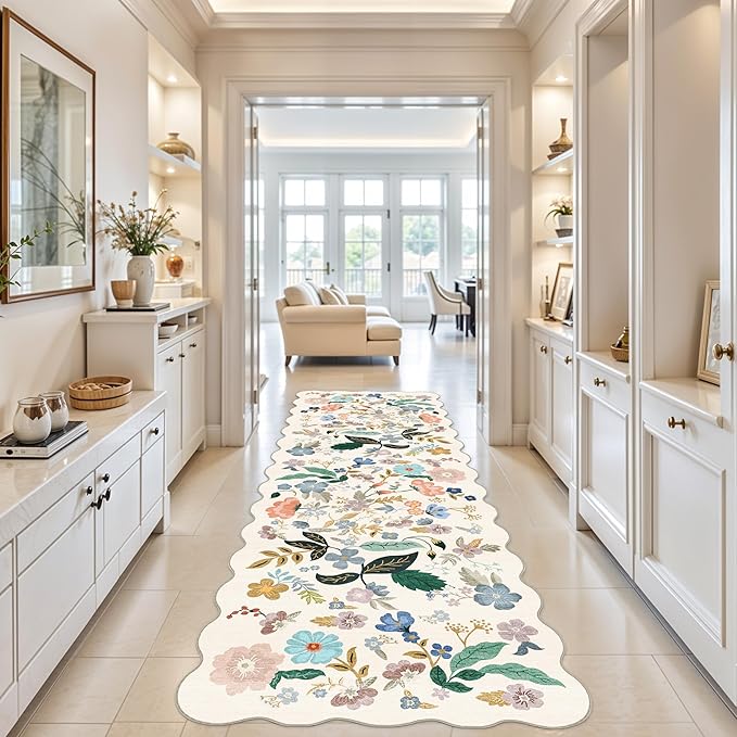 Hallway 4x10 Washable Area Rugs: Indoor Floral Scalloped Rug by HYHAOYUNLAI