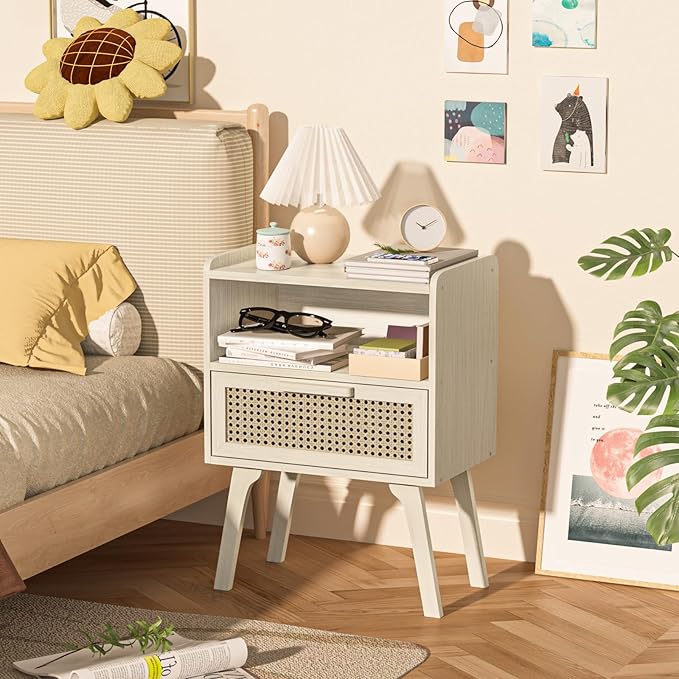 Lerliuo Rattan Nightstand, Side Table with Drawer Open Shelf, Cane Accent Bed...