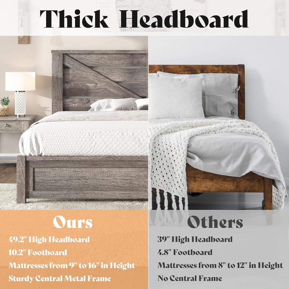 AMERLIFE Farmhouse Full Size Bed Frame with 49.2" Barn Door Headboard, Gray