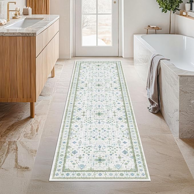 Hazo Haus Washable Oushak 2x6 Bathroom Runner Rug, Eclectic Boho Floral Pastel by HazoHaus