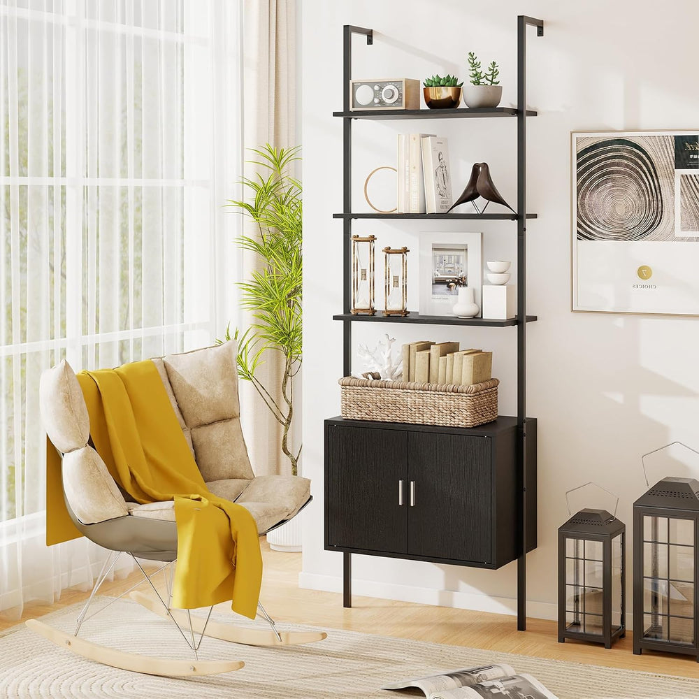 Giantex 72.5" Ladder Bookshelf with Cabinet, 5-Tier Tall Wall-Mounted Sh...