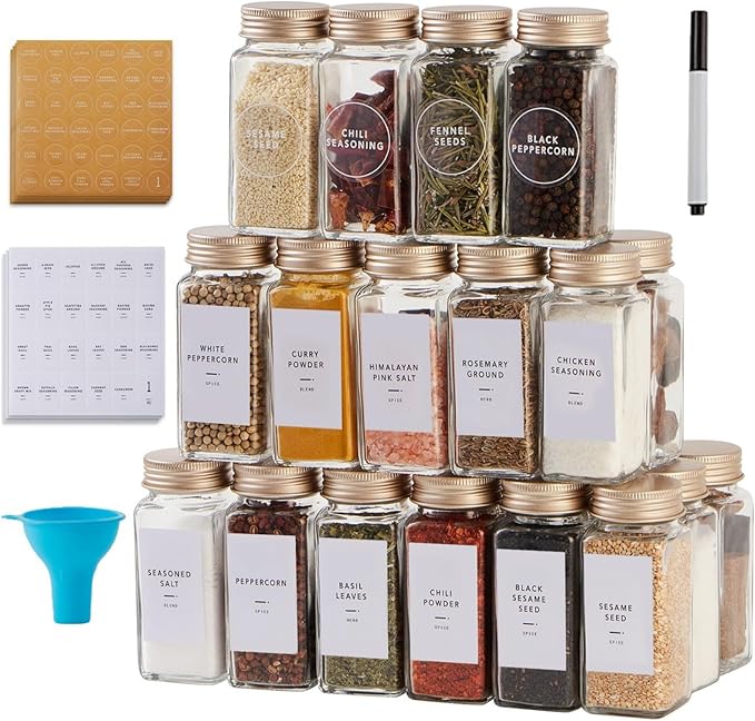 36 Pcs Spice Jars with Label- Glass Spice Jars with Gold Metal Caps, Shaker Lids by Skiileor