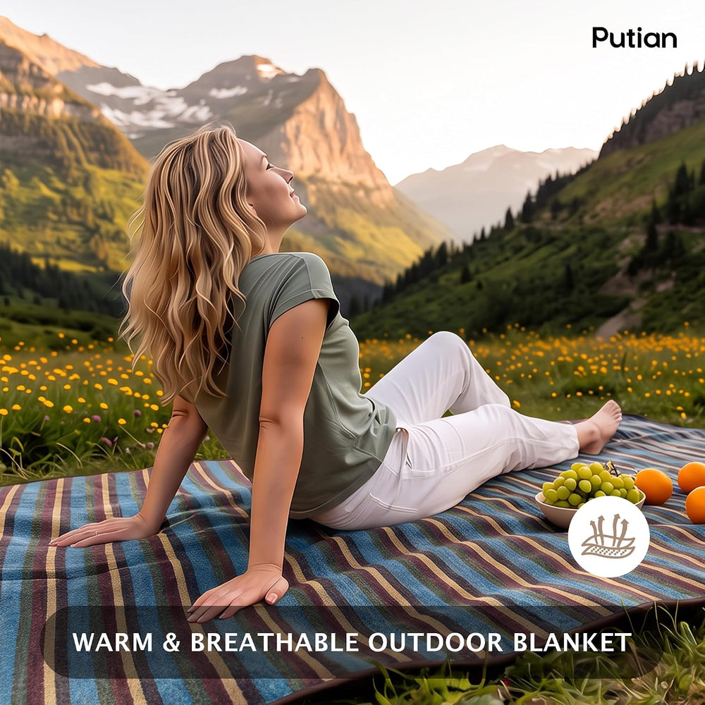 PuTian Merino Wool Blanket, 87" x 63", Retro Multicolor Stripes