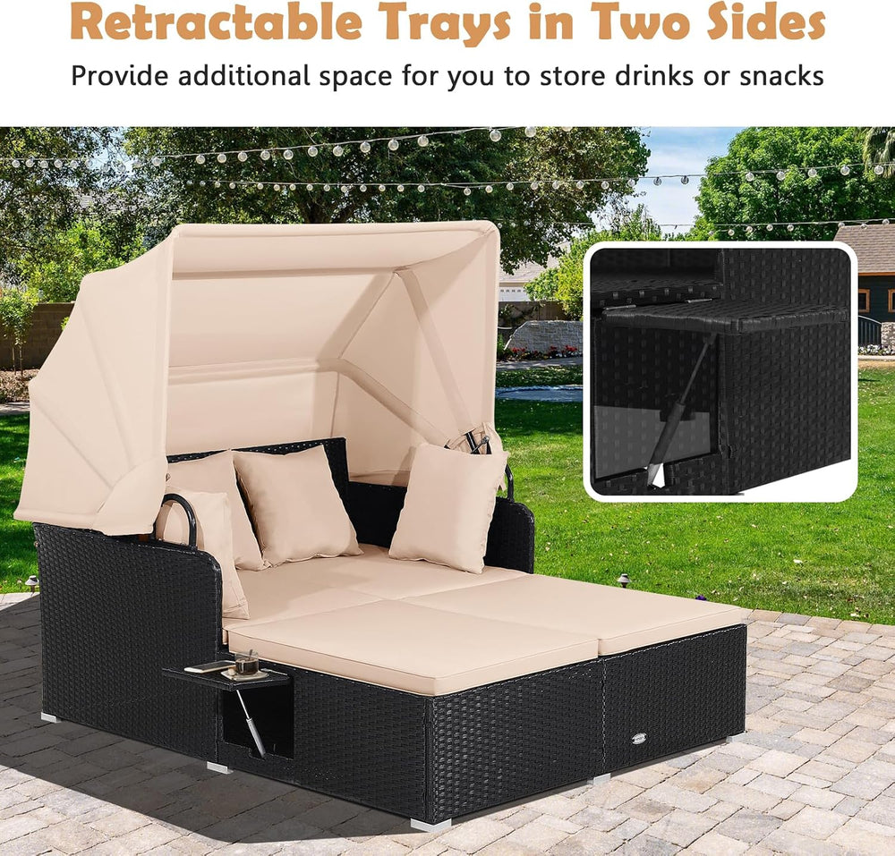 Tangkula Patio Rattan Daybed with Retractable Canopy, Outdoor Wicker Sunbed L...