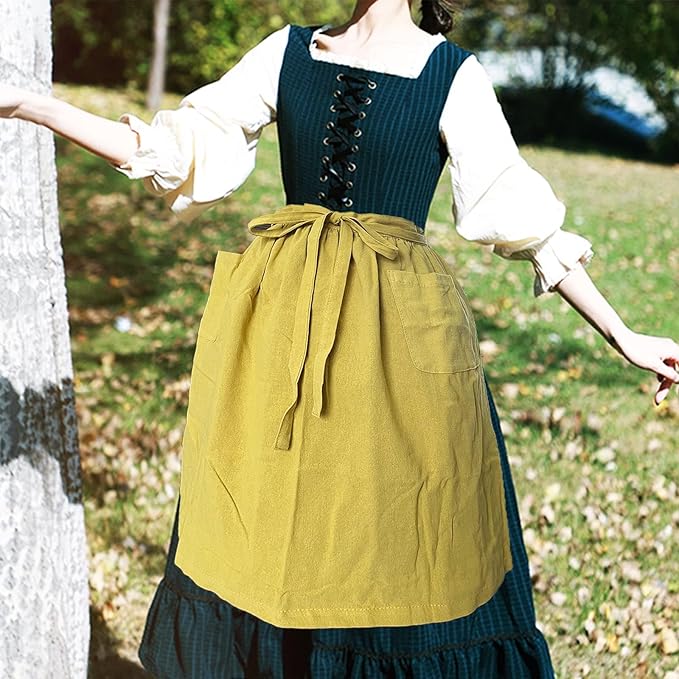 Cotton Linen Half Apron for Women Vintage Waist Apron Ruffle Plain Bright Color - Image 2