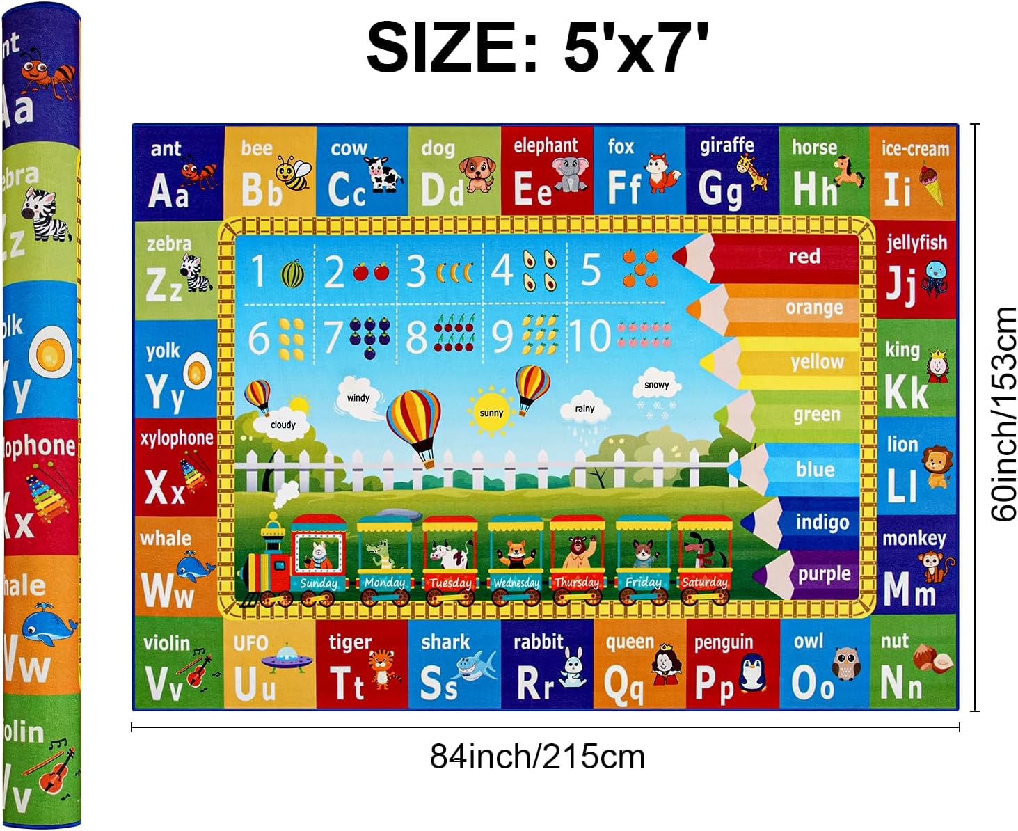 5x7 Kids Rug for Playroom Classroom Bedroom,ABC Rugs | Educational Rug for Learning Alphabet,Numbers,Colors,Season and Animal Words,Non Slip Washable Play Mat for Toddler Decor