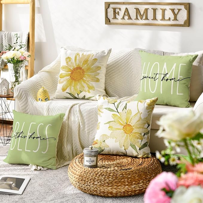 AVOIN colorlife Home Sweet Home Spring Summer Flowers Green Throw Pillow Covers - Image 2