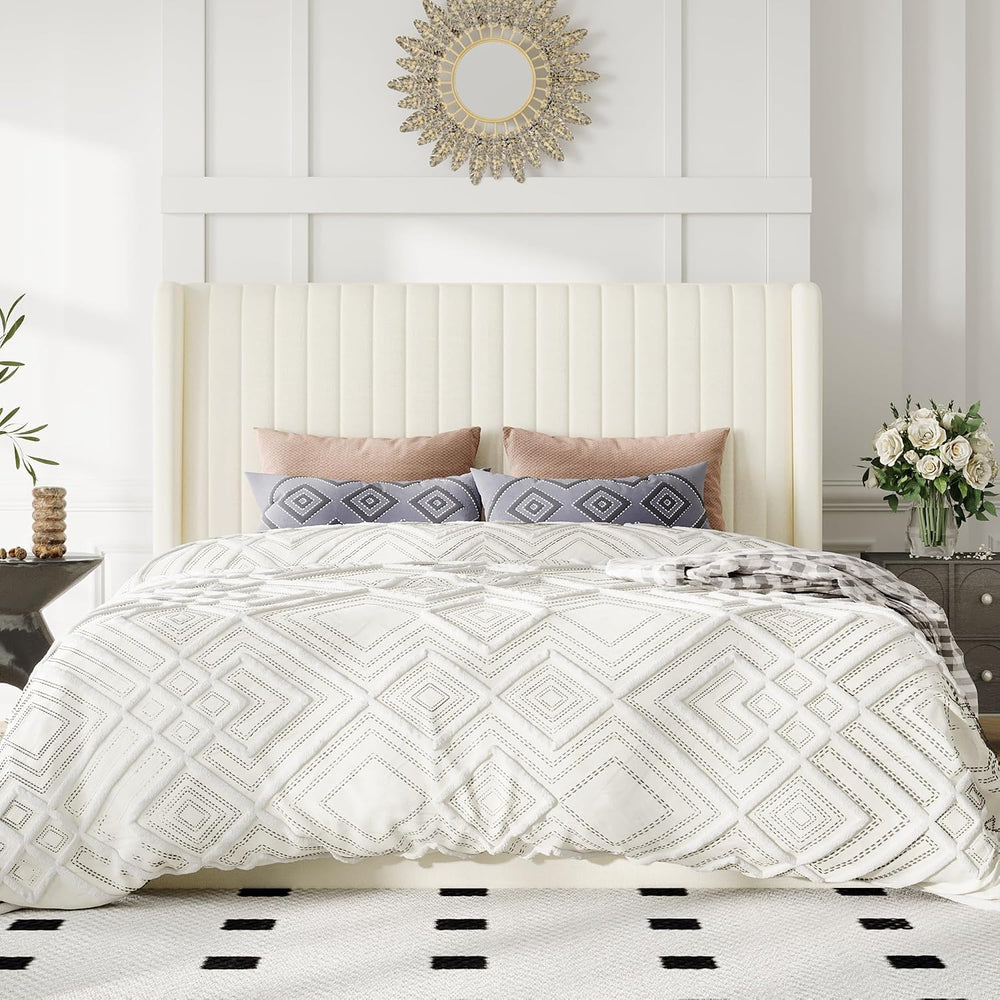 Allewie Queen Size Lift Up Storage Bed Frame Channel Tufted Headboard Cream
