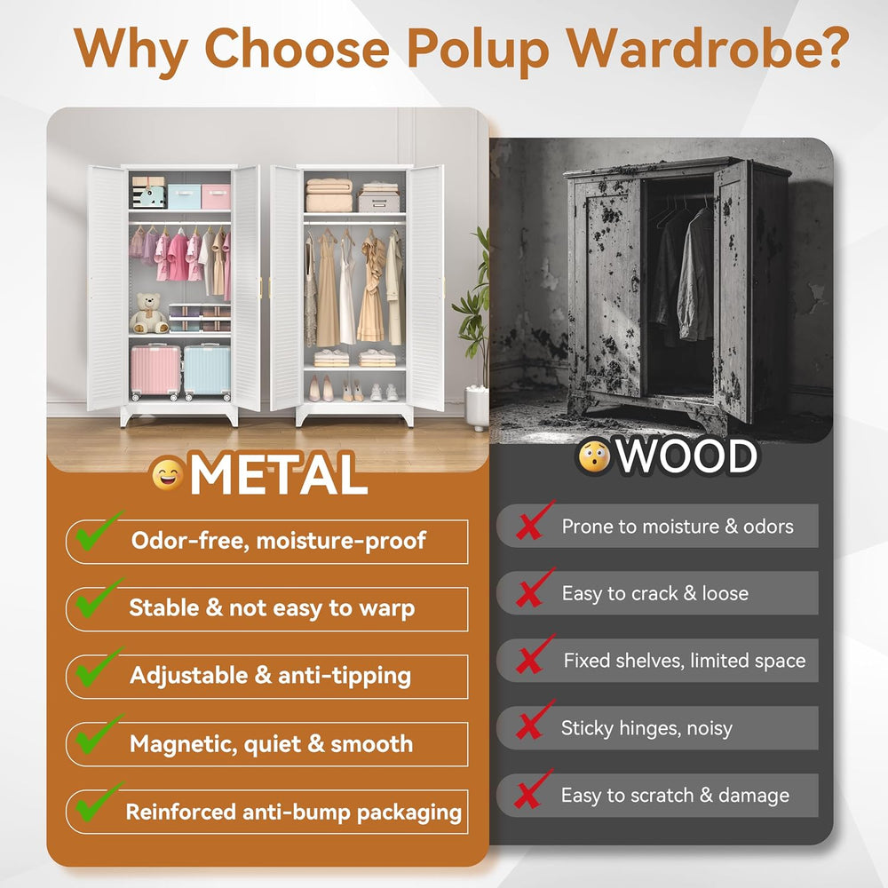 Metal Armoire Wardrobe Closet with Doors, 71" Tall Wardrobe Cabinet