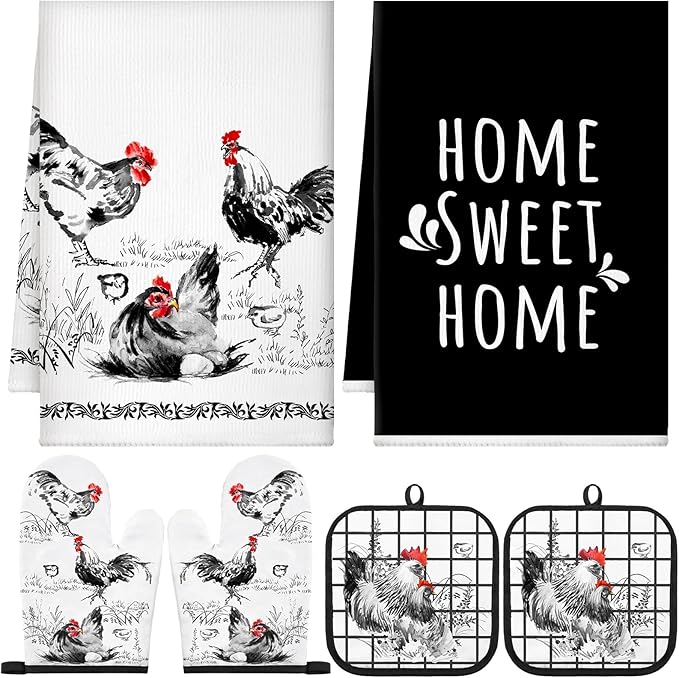 Leinuosen 6 Ink Rooster Farmhouse Kitchen Decor Dish Towels Oven Mitts and Pot by Leinuosen