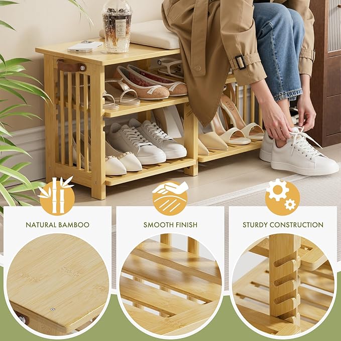 Amazer Bamboo Shoe Rack Bench, 3-Tier Shoe Bench Height Adjustable, Entry Ben...