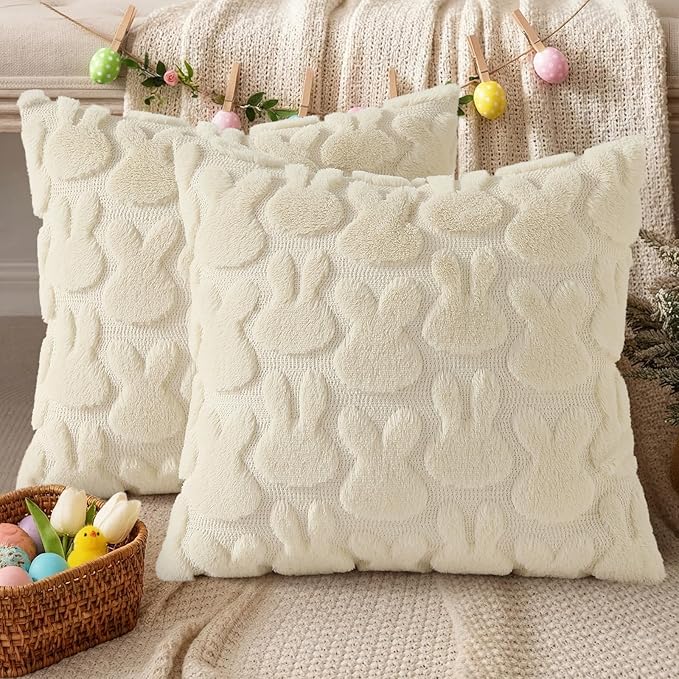 decorUhome Easter Bunny Pillow Covers 20x20 Inch Set of 2, Soft Plush Faux Wool - Image 6