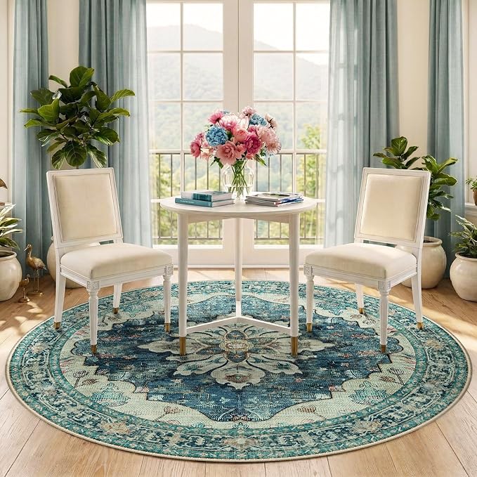RELEANY Area Rugs 5ft Washable Non-Slip, Floral Vintage Distress Print Pattern - Image 2