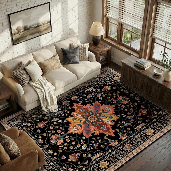 Area Rugs 5'x7' Washable Non-Slip, Floral Vintage Distress Print Pattern - Image 4