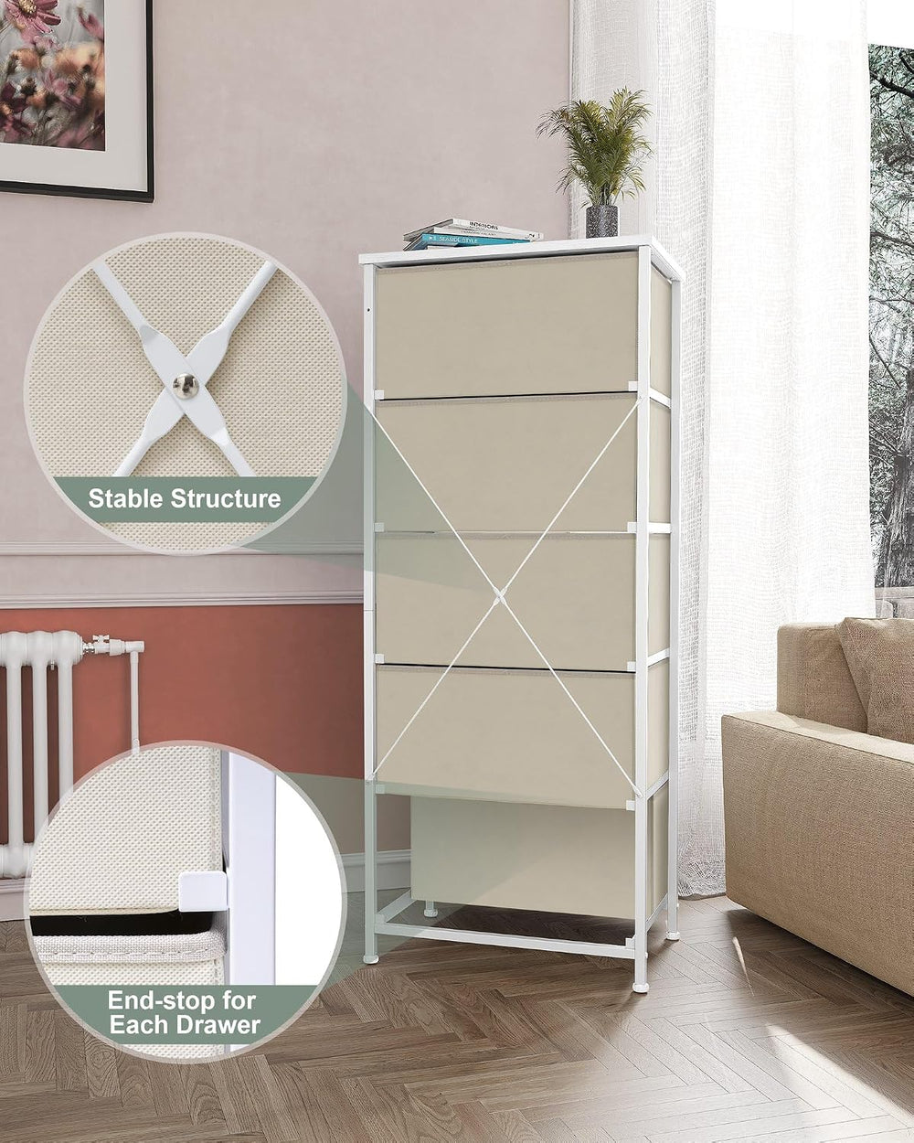 Tall Dresser Vertical Fabric Storage Tower Organizer, 5 Drawers (Beige)