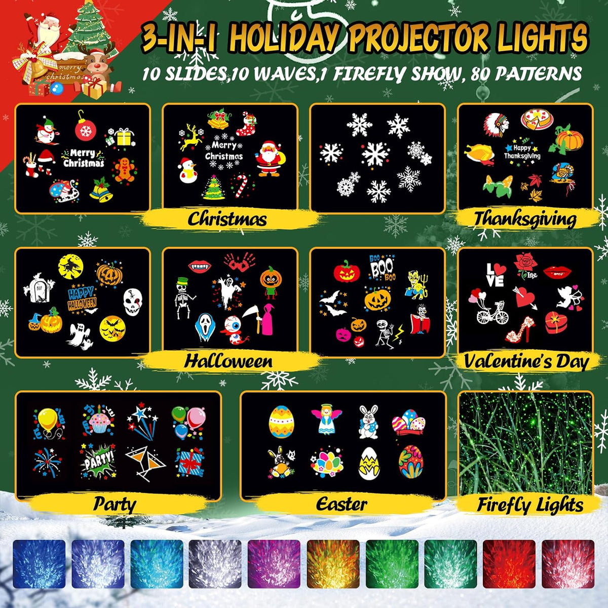 Halloween Christmas Projector Lights Outdoor with Ocean Wave & Firefly Light, 10 Slides/80 Patterns Holiday Projection Lights Indoor with Remote & Timer, Waterproof Light Projector Decorations