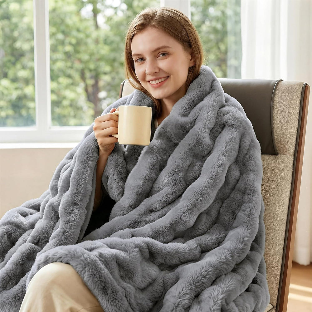 Gray Blanket Twin Size 60x80 Soft Fluffy Faux Fur Bed Cover Fuzzy Plush Bubbl...