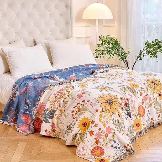MSGKV Boho Throw Blanket for Bed 60"x80" Cotton Floral Twin Size Blanket - Image 5