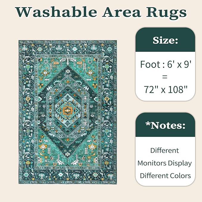 SERISSA Washable Rugs 6x9 Area Rugs, Large Non-Slip Boho Living Room Teal Rug - Image 6