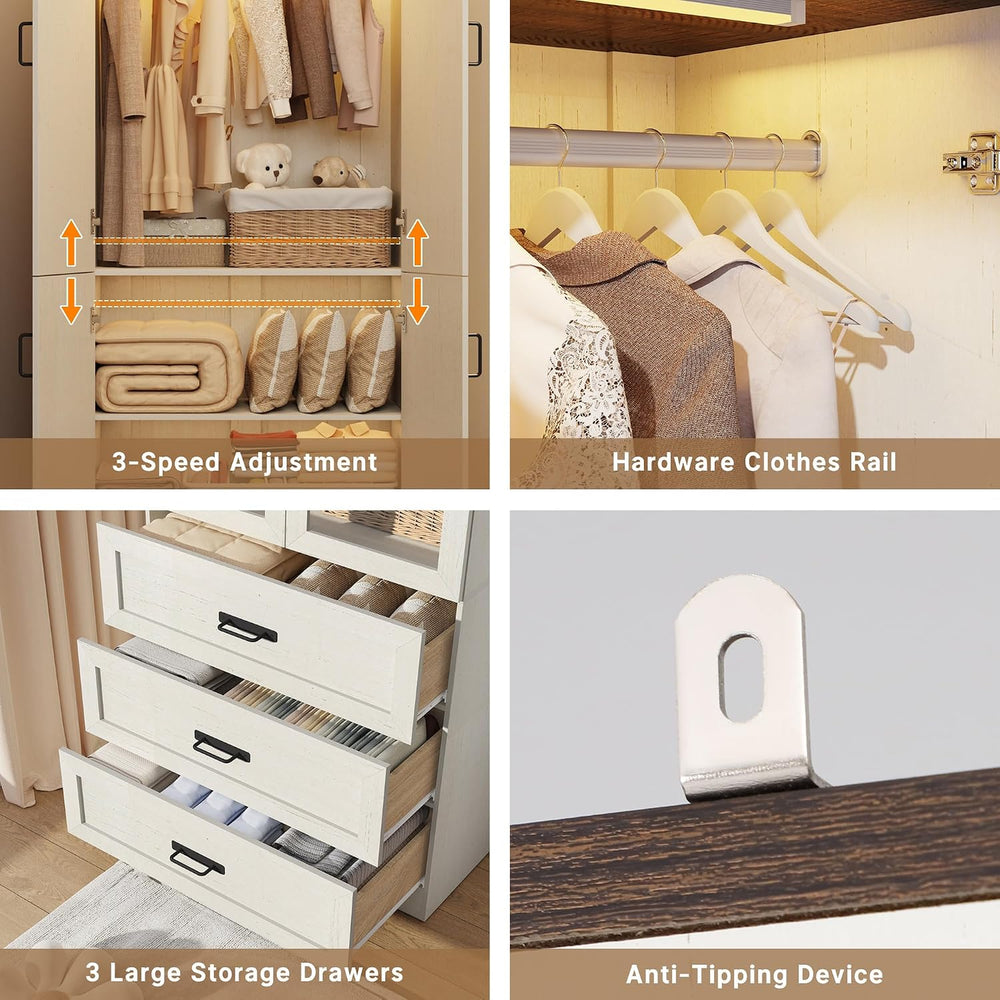 75" Tall Farmhouse 6 Doors Armoire Wardrobe Closet with 3 Drawers and LE...