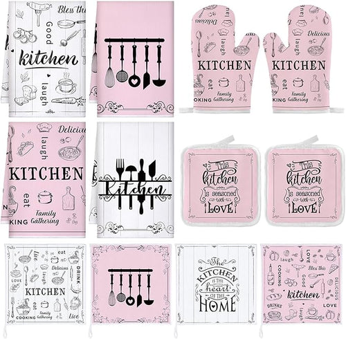 12 Pcs Farmhouse Pink Kitchen Decorations Sets 4 Pink and White Kitchen Towels by Bencailor