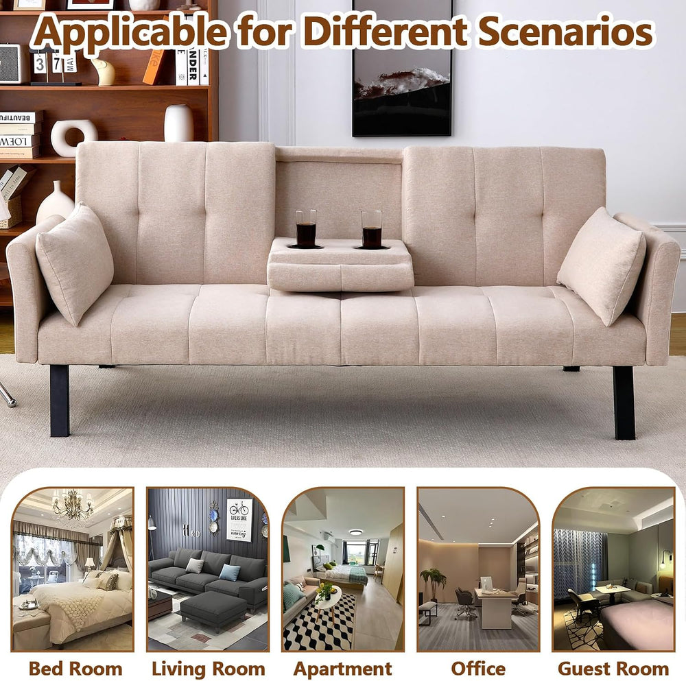 72" Cotton Linen Futon Couch Living Room Couch Bed Convertible Sleeper S...