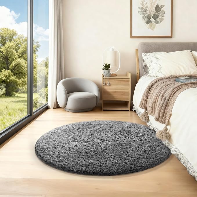 Ophanie Round Rug 2Ft Grey Circle Area Rug, Fluffy Fuzzy Bedroom Carpet - Image 3