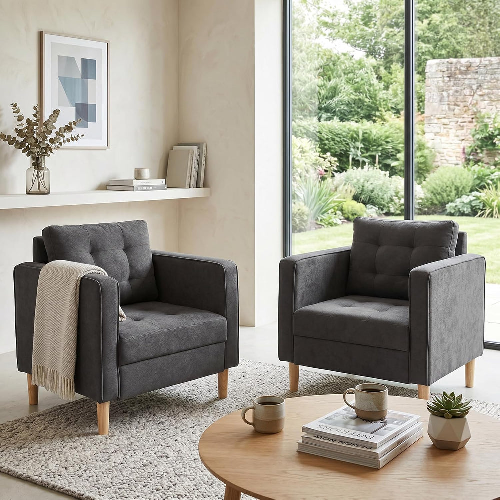 Fabric Accent Chairs Set 2 , Mid Century Armchair for Living Room, Grey