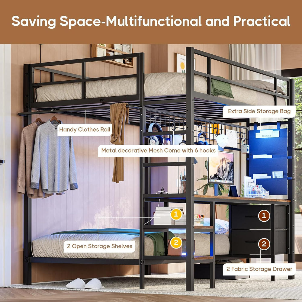 Bunk Bed Full Over Twin with Desk, Led Lights and Charging Station,Black