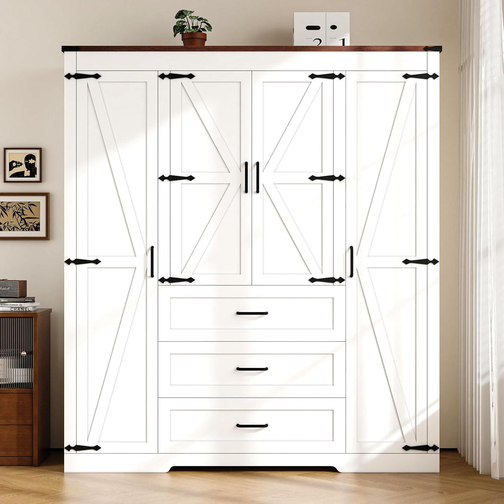 4 Door Armoire Wardrobe Closet Cabinet with 3 Drawers and Drawers, Farmhouse ...